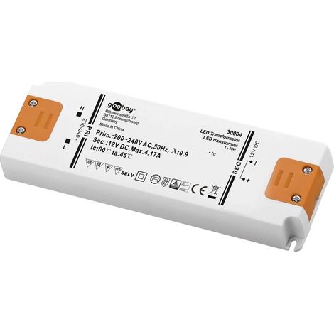 Trasformatore LED 12 V (DC), 50 W, per LED fino a 50 W di carico totale e tensione diretta di 12 V (DC).