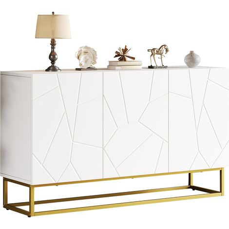 Buffet design 130 cm blanc et doré, meuble de rangement avec 3 portes, étagères réglables, façade brillante et base métal, pour salle à manger – CHICFURN (1/5)