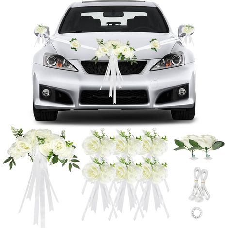 Décoration voiture mariage, capot de voiture blanc avec 9 roses,rubans avec ventouses, ensemble décoratif pour cérémonie nuptiale (1/3)