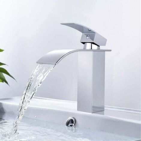 Robinet de lavabo cascade, robinet de salle de bain en laiton, mitigeur de lavabo avec grande sortie d'eau, eau chaude et froide disponibles DBWF01BT (1/4)