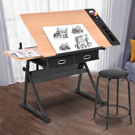 Table à dessin inclinable, Tabouret, 2 Tiroirs, Hauteur Réglable, Multifonctionnel, en MDF métal PVC, 115x60x65/90.5cm Maison Chic (1/5)