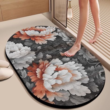 Tapis de bain en terre de diatomée luxueux – Forme ovale irrégulière, absorption rapide de l’eau, antidérapant et résistant à la saleté & l’usure – Motif floral subtil – 50 x 80 cm-lsw