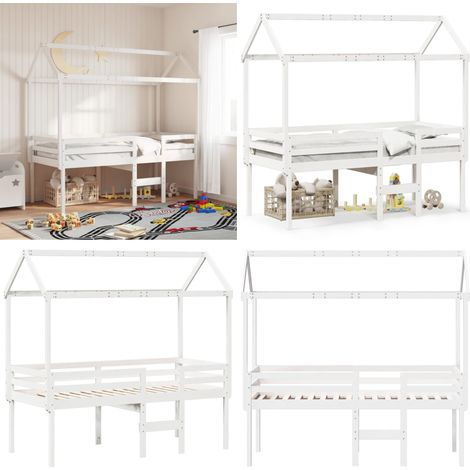 Lit haut sans matelas blanc 90x200 cm bois de pin massif - Lit Enfant - Lit Surélevé - Lit Cabane - Lit Plateforme - Meuble Rangement - Home & Living (1/5)