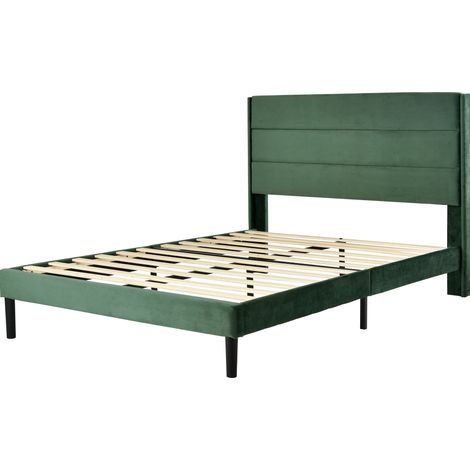 Cama capitoné 140 x 200 cm con somier de láminas, cabecero de terciopelo verde oscuro (1/5)