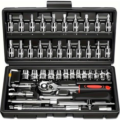Kit de herramientas para reparación de automóviles de 46 piezas: Juego multifuncional que incluye llaves de vaso, llaves inglesas y trinquetes. (1/5)