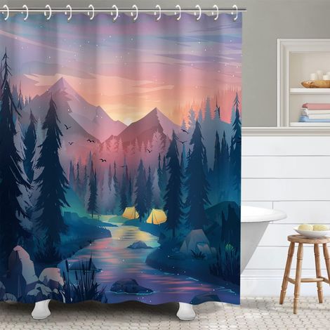 Duschvorhang-Set mit psychedelischem Waldbaummuster, inklusive 12 Haken, coole Badezimmerdekoration, 72 x 72 Zoll.