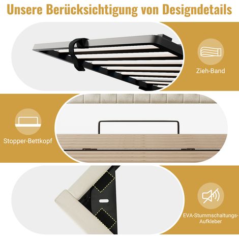 Lit bébé 90x200, rembourré, sommier à lattes intégré, éclairage LED, coffre de rangement, vérins hydrauliques, teinte lin beige et noyer, sans matelas (1/5)