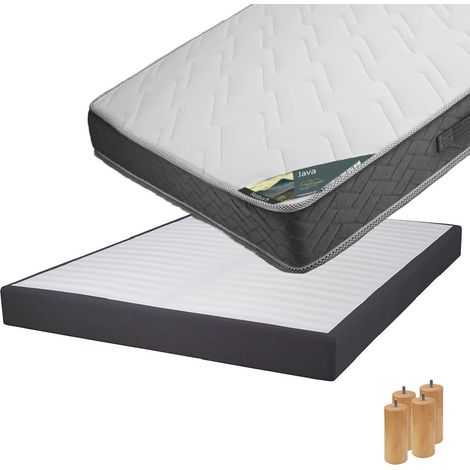 JAVA - Pack Matelas 160x200 + Sommier Tapissier Démontable 2x20 Lattes Anthracites + Pieds Bois 15cm (1/5)