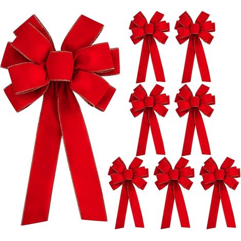 Bow - Red Velvet With Gold Edge - 50.8 X 27 Cm - Christmas Tree Topper Wreath Decoration - 8 Pieces (1/5)