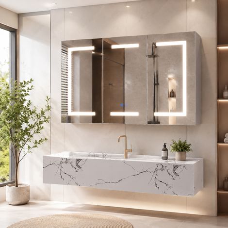 Armoire de salle de bain à trois portes avec éclairage LED - Blanc - Style moderne - Commande tactile intelligente - 100.4 x 13.5 x 60 - Grand espace de rangement - Blanc - Style moderne (1/5)