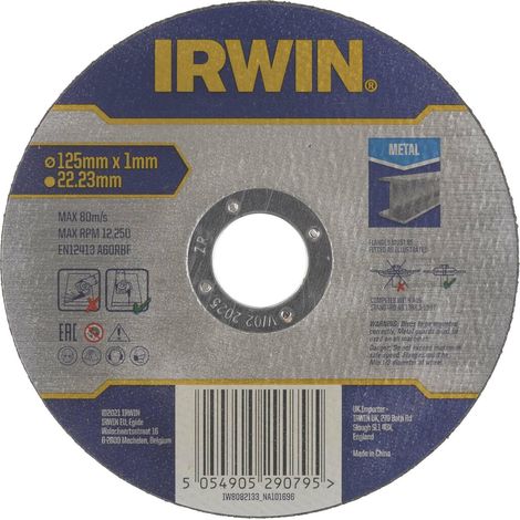 Disco cortante Irwin Pro Performance IW8082133 125 mm, para cortar metal y acero, 1,0 mm de espesor, compatible con amoladoras angulares de 125 mm, corte rápido y preciso.