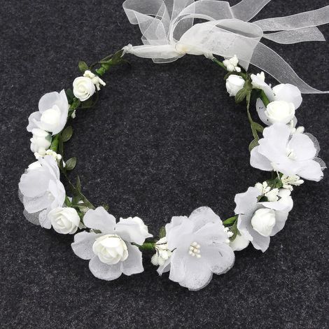 Couronne de fleurs artificielles avec ruban, couronne de fleurs faite main, bandeau, guirlande de fleurs, couronne de cheveux blancs (1/3)