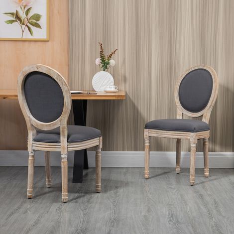 Lot de 2 Chaises de Salle à Manger, Chaises Médaillon Style Louis XVI, Assise et Dossier Rembourrés en Effet Lin, Gris (1/5)