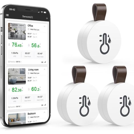 Bluetooth Thermometer Hygrometer, Kabelloses Temperatur und Luftfeuchtigkeitsmesser mit APP & Datenspeicherung, Digital Temperatur Feuchtigkeitssensor für Haus, Gewächshaus, Weinkeller, 3 Stück (1/5)