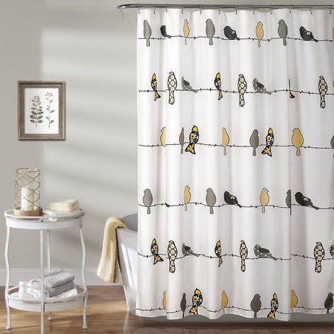 Rideau de douche à motifs d'oiseaux, 180 x 180 cm, gris jaunâtre - motif floral et d'oiseaux coloré. (1/5)