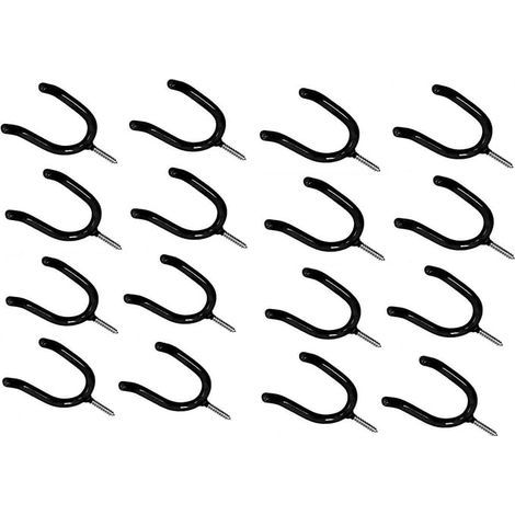 16 supports muraux robustes noirs à visser avec crochets de 10 cm (environ) pour le rangement dans le garage/l'atelier, pour suspendre râteaux, outils de jardin, équipements sportifs, raquettes de ten (1/5)