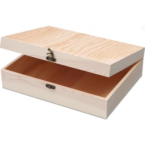 Boîte en bois brut avec couvercle à charnière pour travaux manuels, rangement de bijoux, boîte en pin – 30,5 x 22,9 x 8,5 cm (1/5)