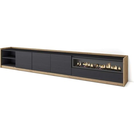 Mueble TV Istán-02 de 310x50x37 cm con chimenea y luces LED, color negro y roble (1/4)