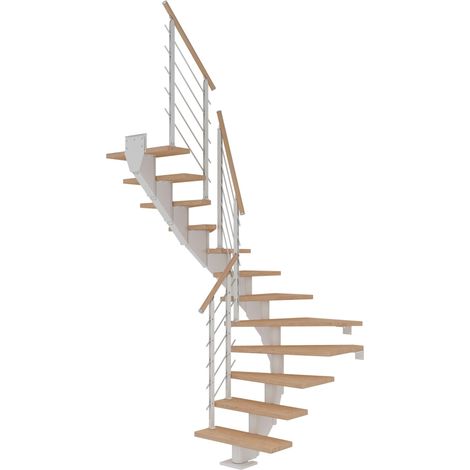 Dolle Mittelholmtreppe Hamburg 1/2 gewendelt Eiche weiß, geölt 75 cm breit für GH 240 – 279 cm UK Metall Weiß mit Geländer