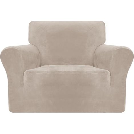 Velvet Chair Covers for Armchairs, Stretch Non-Slip 1 Seater Sofa Covers for Dogs Living Room (1 Seater, Khaki) (1/4)