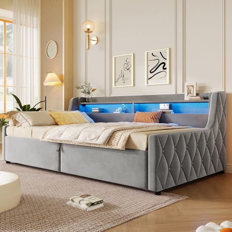 Bett 90x200 cm gepolstert in Grau aus Flanell, mit LED-Kopfteil und Stauraum (1/5)