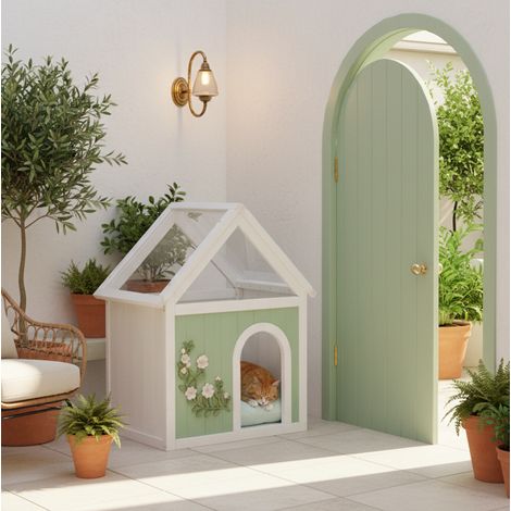 Caseta para gatos de madera con techo acrílico, 63,5 x 47,5 x 78 cm, verde menta HAVRYA (1/5)