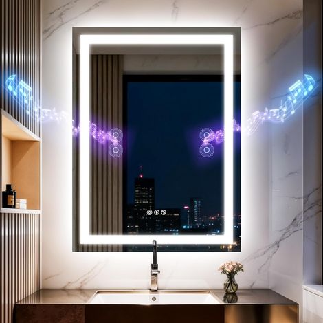 Miroir de salle de bain LED avec lumières 50x70cm, double haut-parleur Bluetooth, anti-buée, 3 températures de couleur, luminosité à intensité variable, fonction mémoire, étanche, support mural, verre (1/5)