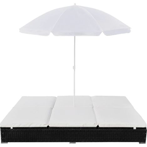 Chaise longue  Transat  Bain de soleil d'extérieur avec parasol Résine tressée Noir (1/5)