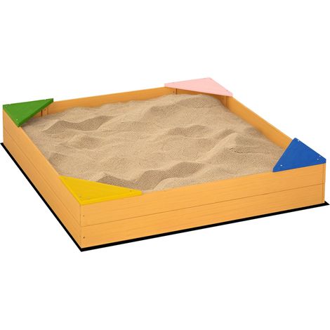 Bac à sable en bois pour enfants de 3 à 8 ans, avec revêtement en tissu non tissé et 4 places assises pour le jardin, 109 x 109 x 19,8 cm, couleur naturelle (1/5)