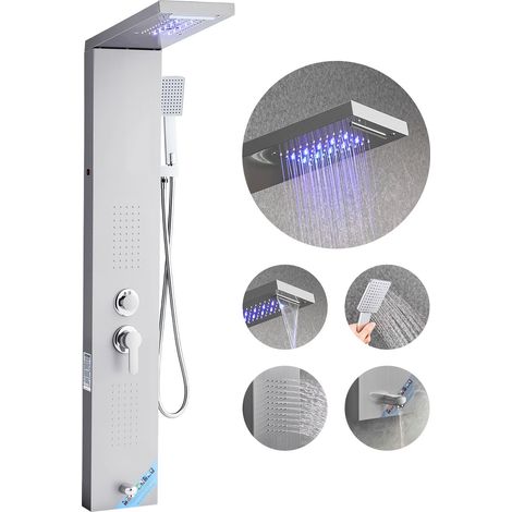 Colonne de douche avec pommeau de douche effet pluie, système de panneau de douchette mural LED en acier inoxydable brossé de 1345 mm, robinet à 5 fonctions, avec douchette et bec de baignoire (1/5)