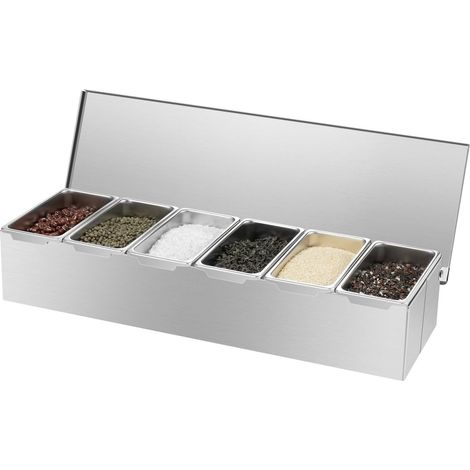 HAUTOUR Récipient à ingrédients en acier inoxydable à 6 compartiments, pour bar à cocktail, avec couvercle, distributeur de condiments pour restaurant, buffet et bar, 46 x 15 x 9 cm (1/5)