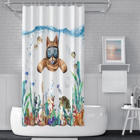 180x213cm Chat Marrant Nager sous l'eau Rideaux de Douche Monde océanique Tortue de mer Poulpe Poisson Herbe de mer Rideau de Bain Rideau de Salle Bain avec Crochets (1/5)