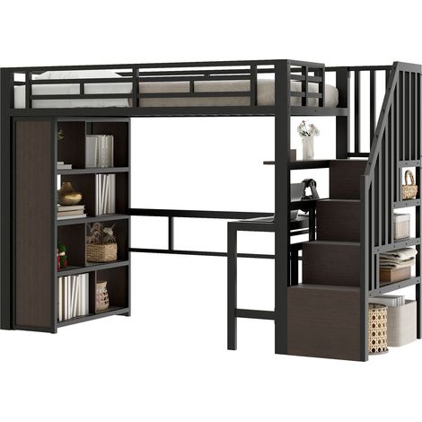 Lit Mezzanine Noir 90x200cm avec Escalier Rangement, Éclairage LED, Bureau et Étagères, Confort Durable - Fer - pour Enfant Ado (1/5)