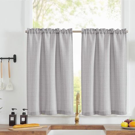 2 Panneaux Rideau Cuisine Gris Clair 70x60cm Passe Tringle Pour Placard Fenetre Meuble Bas