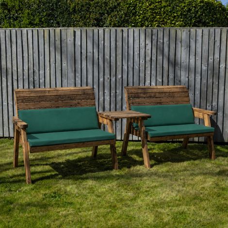 4 Seater Wooden Furniture with 2 Benches, Straight Tray & Green Cushions (1/5)
