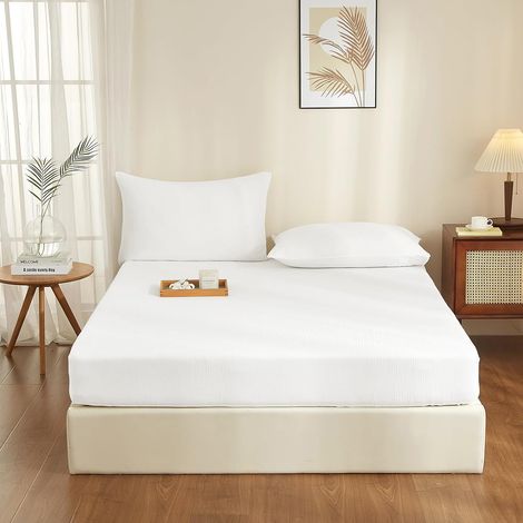 Drap Housse 180x200 Coton Blanc Bonnet 30 cm Drap Housse 180x200 Double en Gaze de Coton Super Doux Confortable Respirant Drap de lit pour Matelas Épais (1/5)