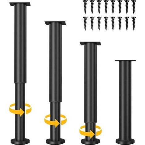 Set di 4 piedini regolabili per mobili, altezza regolabile da 25 a 43 cm, piedini in metallo nero per armadi, supporti TV, letti, divani, comodini, sedie e mobili da bagno. (1/4)