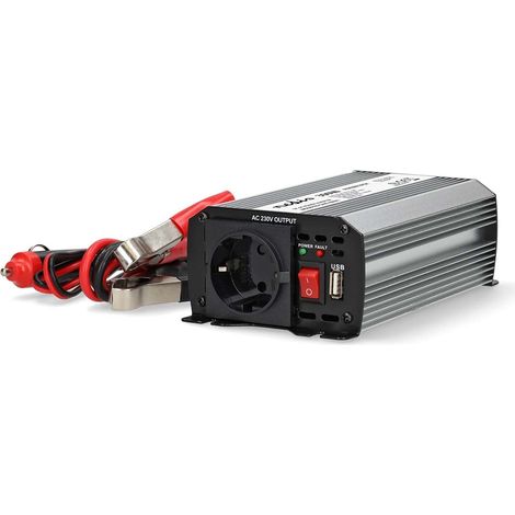 Inversor de energía de onda sinusoidal modificada  Tensión de entrada: 12 V DC  Salida(s) de potencia: Type F (CEE 7/3) / USB-A  230 V AC 50 Hz  300 W  Potencia máxima de salida: 600 W  Abrazade