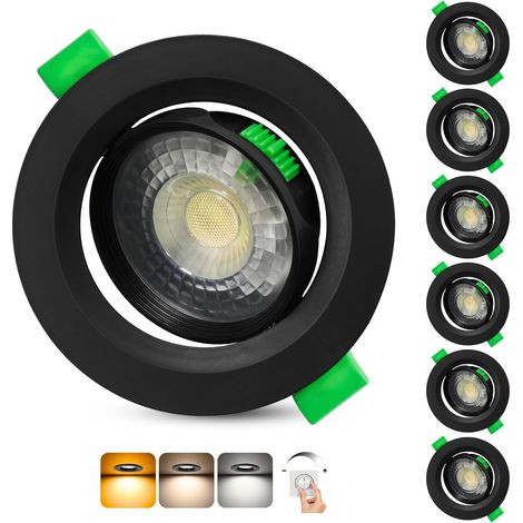Spot LED Encastrable Dimmable 230V, 5W 500LM Spots de Plafond Orientable Blanc Chaud Blanc Neutre Blanc Froid Réglable, Extra Plat IP44 Spot Salle de Bain, Trou Ø68-80mm, Noir Lot de 6 (1/5)