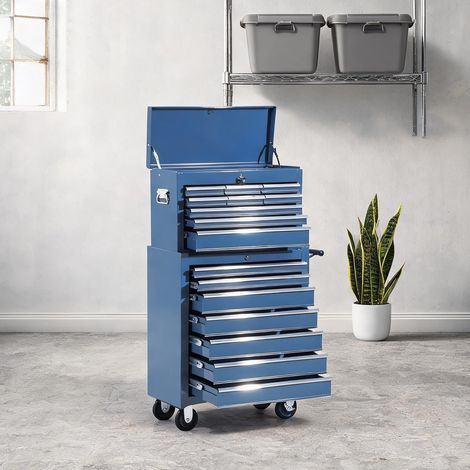 Chariot d'outils 16 tiroirs bleu acier pour atelier garage (1/5)