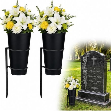 Vase funéraire avec piquet - 2 pièces - 26 × 9 cm - Base en métal et vase en plastique - Vase à fleurs - Porte-fleurs commémoratif (1/5)