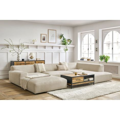 Bobochic – Canapé panoramique fixe compact LAVENA 6 places – Tissu velours beige – Design moderne – Dimensions 359x220cm – Confort optimal (1/5)