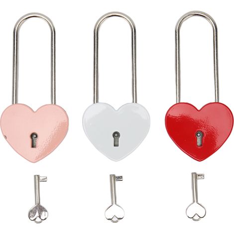 Lot de 3 cadenas en forme de cœur avec 3 clés en alliage de zinc antirouille pour petits bagages, sac à main, boîte à bijoux