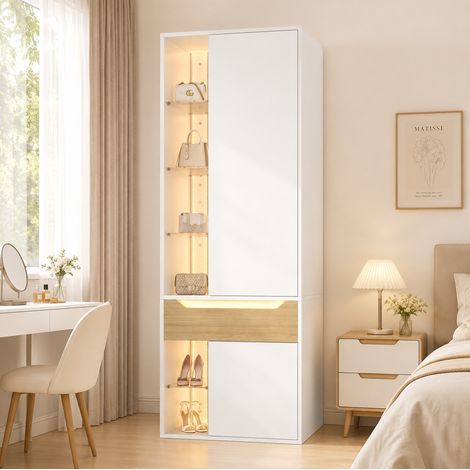 Armario 75x50x200 cm con vitrina de vidrio, LED, 1 cajón, 6 compartimentos, MDF blanco (1/5)