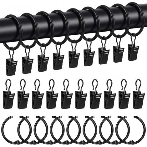 Set mit 25 Metall-Gardinenringen mit Clips, 32 mm Innendurchmesser, Schwarz, für Gardinenstangen, Fenster, Türen, Duschvorhänge, Wäscheleinen, Badezimmer, Wohnzimmer, Gästezimmer (1/5)