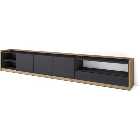 Mueble TV Igualeja-02 de 310x50x37 cm con almacenamiento, color negro y roble (1/4)