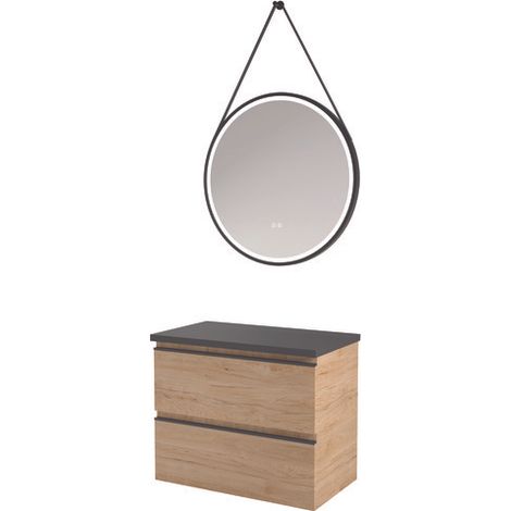 ONDEE ZEN - Meuble salle de bain ÉBÈNE - 80cm -Bois -2 tiroirs - Plateau noir (1/3)