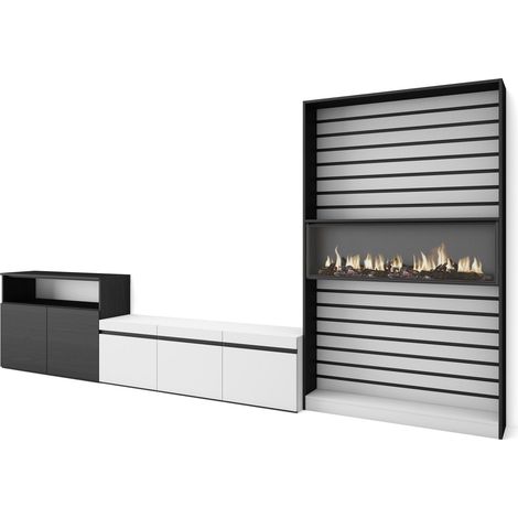 Skraut Home - Muebles de Salón para TV, Conjunto de muebles comedor, 360x186x35cm, Para TV hasta 65", Chimenea eléctrica, Estilo Moderno, Blanco y negro (1/5)