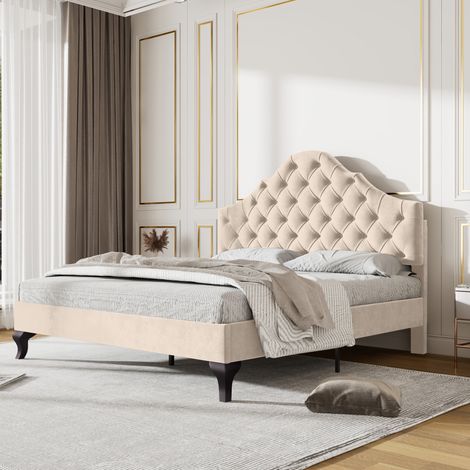 Lit capitonné 140x190 cm avec sommier à lattes bois, tête de lit réglable en hauteur, velours beige, montage facile, pour adulte (1/4)