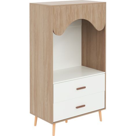 Armoire pour enfant, penderie avec barre de penderie, avec tiroirs, armoire ouverte, poignées en bois massif, en panneau de particules, blanc + bois naturel, 80×46×141,5cm
